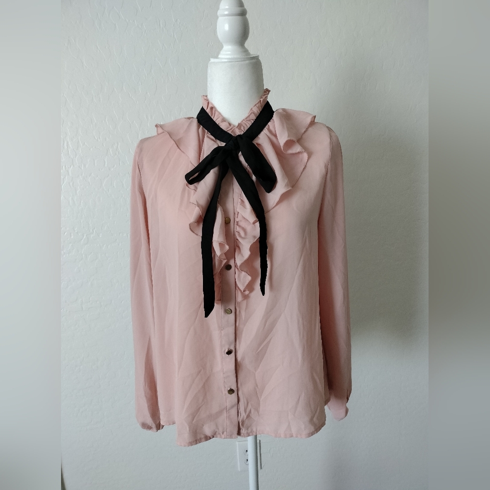 Pink Ruffled Blouse with Black Bow